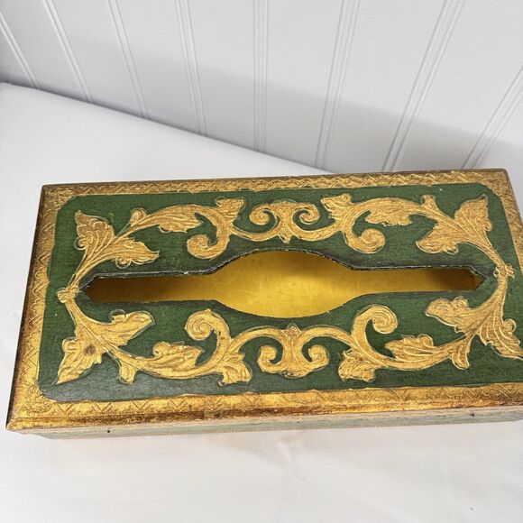 Vintage Florentine Tissue Box Green & Gold Gilt Gild Gilded Made in Italy - Picture 2 of 10